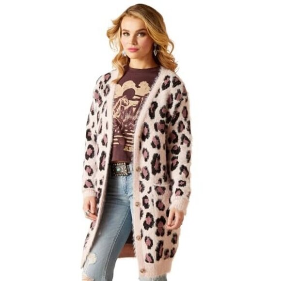 Ariat Women's Long Sleeve Pretty Leopard Cardigan Sweater Light Pink - Picture 1 of 5